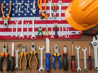 American tools and equipment laid out on a wooden surface