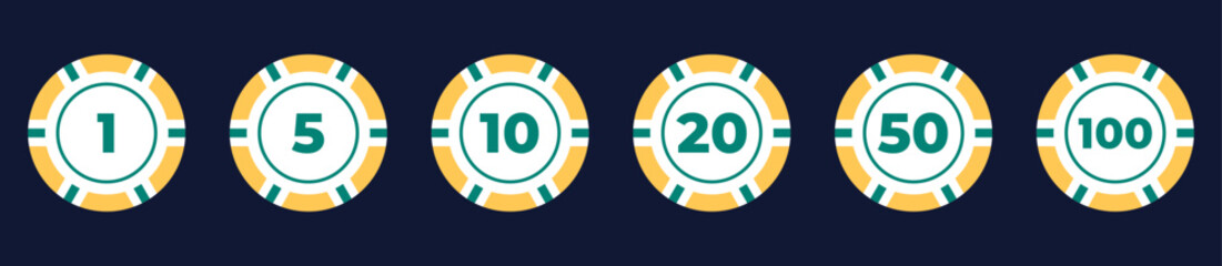Vector illustration of a poker chip set with different designs and denominations. Flat style, colorful and modern chips for casino, poker, and gambling projects.