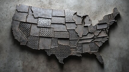 Metallic USA map with textured state outlines on a weathered surface