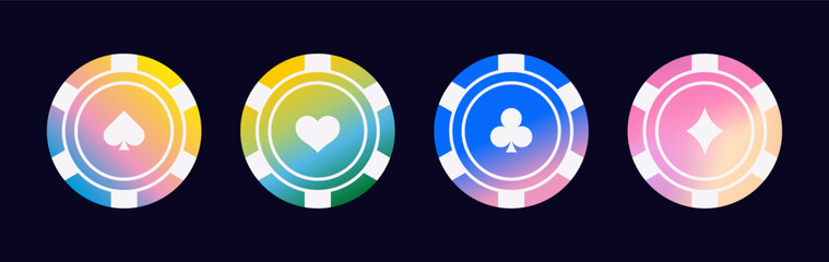 Vector illustration of a poker chip set with different suit symbols instead of denominations. Flat style, colorful chips for casino, poker, and gambling projects.