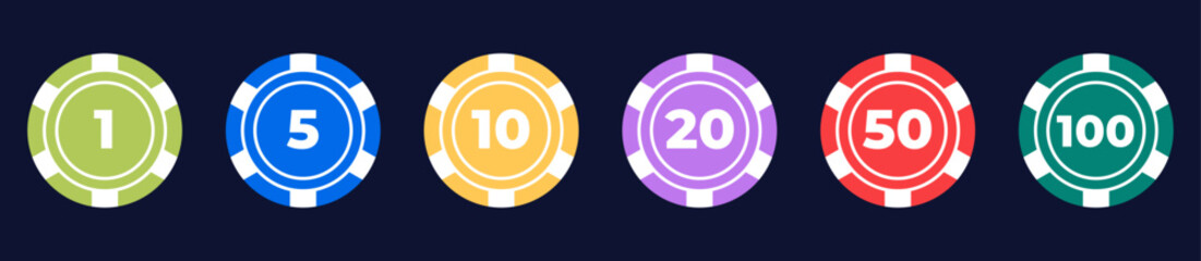 Vector illustration of a poker chip set with different designs and denominations. Flat style, colorful and modern chips for casino, poker, and gambling projects.
