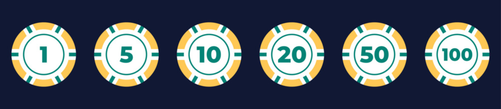 Vector illustration of a poker chip set with different designs and denominations. Flat style, colorful and modern chips for casino, poker, and gambling projects.