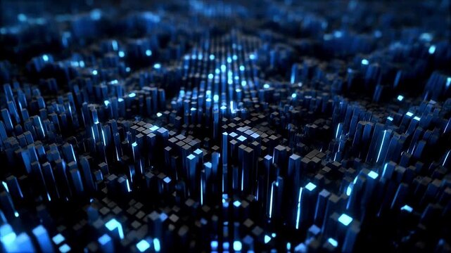 Illuminated Cyber World: An abstract, close-up view presents a mesmerizing landscape of tiny, illuminated cuboids in a deep, vibrant blue, representing a digital world with data and information.