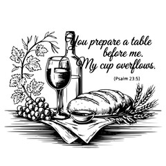 Christian Bible Verse Psalm 23:5 Bread and Wine Line Art Illustration