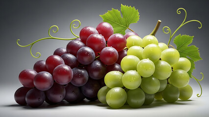 Clusters of ripe red and green grapes with leaves arranged artistically on a gradient background