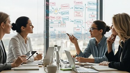 Diverse team of women collaborating on a business strategy using a glass whiteboard. - Powered by Adobe