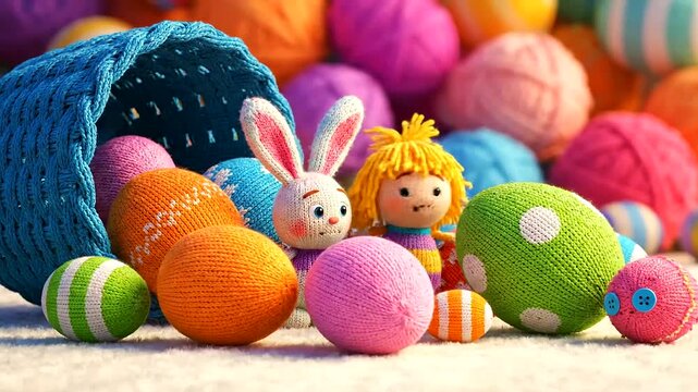 A cheerful knitted bunny and a sweet doll surrounded by colorful yarn eggs creating an Easter Day, Basket overflow scene, perfect for spring crafts and celebrations.