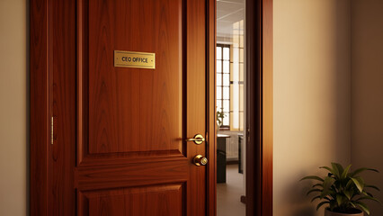 A polished wooden CEO office door slightly ajar revealing an important executive space bathed in warm light with elegant