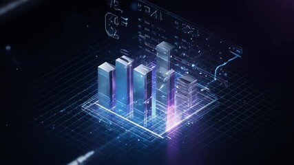 Abstract digital visualization of data represented by 3D bar graphs on a grid - Powered by Adobe
