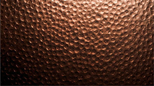 Close-up view of a hammered copper surface with a rich, textured reddish-brown finish, showcasing intricate indentations and reflections.