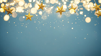 Golden stars and bokeh lights on blue background