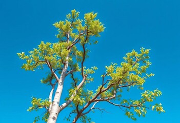 Fototapeta premium Lone birch tree with distinctive white bark standing against a clear blue sky, nature, white bark