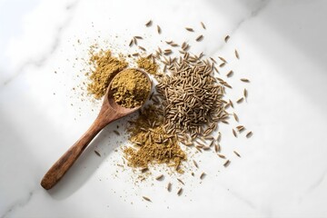 Cumin Seeds and Ground Cumin Powder with Wooden Spoon on Marble Table