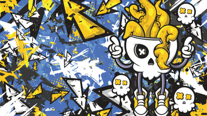 Urban Graffiti Skull with Octopus Tentacles Vector Background - Streetwear Art Style
