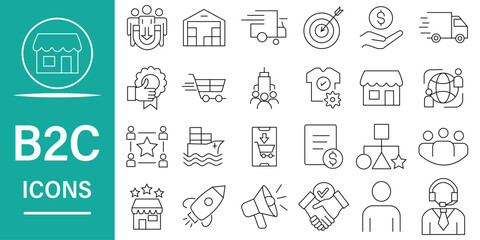 B2C icon set. 24 minimal line icons in black. Consumer, marketing business, advantage, communications, feedback and more. Flat vector style.
