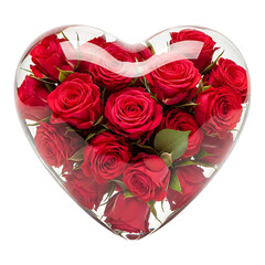 Transparent heart filled with fresh red roses isolated on white background for romantic gift and love themes