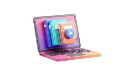 3D Laptop with Books and Play Button Icon