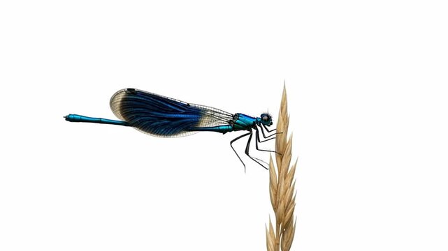 Close-up of a blue dragonfly perched on a blade of grass against a white background.