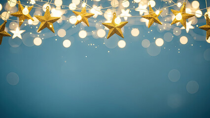 Golden stars decoration on blue background with sparkling lights