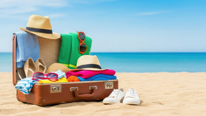 Summer holiday suitcase packed with clothes and accessories on the beach