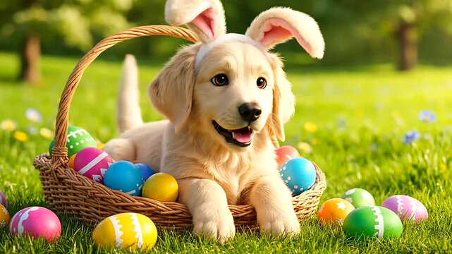 An adorable Golden Retriever puppy wearing fluffy bunny ears, happily panting while nestled in an Easter Day basket overflowing with vibrant, decorated eggs on a sunny spring lawn.