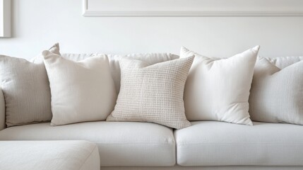 Textured neutral throw pillow on white sofa