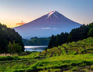 Majestic, snow-capped peak rises above a serene lake at dawn