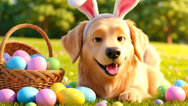 Adorable golden retriever dog in bunny ears, happily posing by an Easter Day basket overflowing with colorful eggs on a sunny spring day.