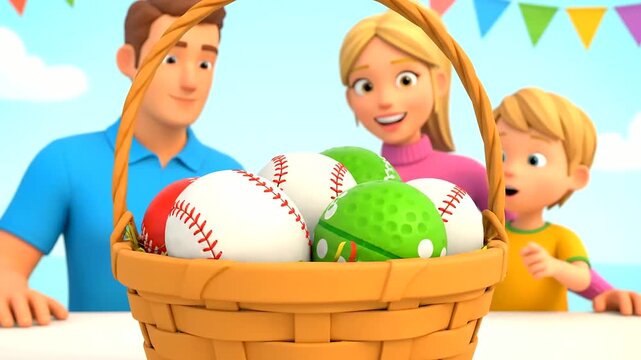 A happy cartoon family celebrates Easter Day with a basket overflow of fun, colorful baseball and golf balls decorated like traditional eggs.