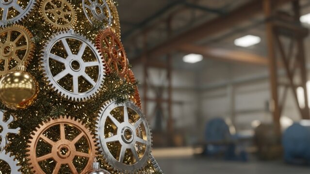 A Christmas tree adorned with gears and ornaments in a workshop setting. - Powered by Adobe