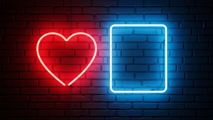 Neon heart and check mark on brick wall
