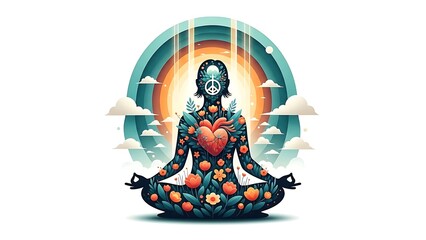 Fototapeta premium Meditating figure with vibrant floral patterns and a glowing heart, embraced by a serene rainbow and tranquil clouds, symbolizing inner peace and spiritual harmony