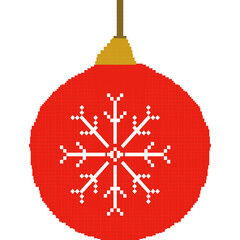 Pixel art Christmas ornament ball with white snowflake pattern. Cute and simple 8-bit style illustration with a retro pixel look, perfect for holiday decorations, digital stickers,