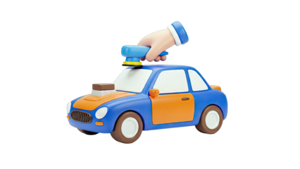 3D Cartoon Car Being Polished by a Hand with a Polisher