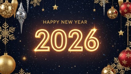 A festive, golden and silver Christmas tree with ornaments and a star on a dark blue background.