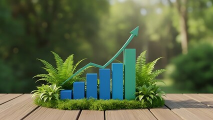 Blue and green bar graph with arrow on wooden deck surrounded by green plants