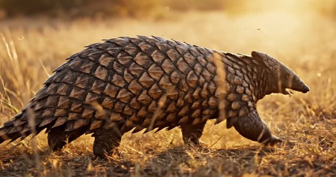 A pangolin foraging in golden grasslands during sunset, showcasing its unique scales and habitat