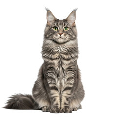 Fototapeta premium Gray maine coon cat sitting isolated on transparent background