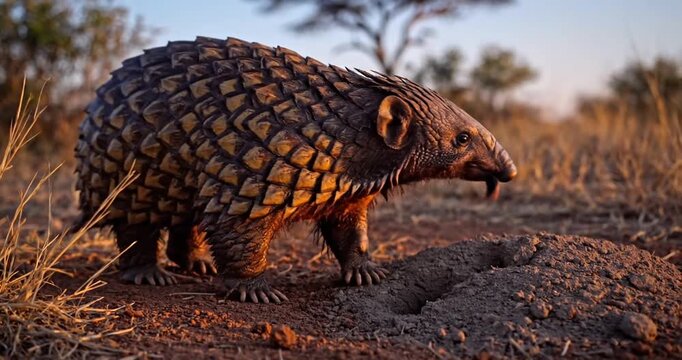 A pangolin foraging for insects in the warm golden light of a savanna at sunset