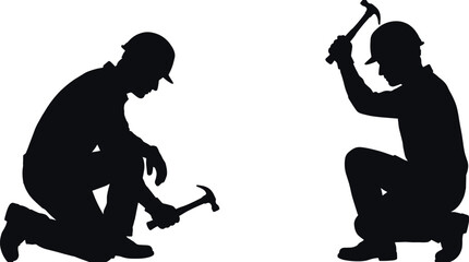 Construction workers silhouette with hammer tools, teamwork concept, manual labor industry, repair and building work, isolated black figures illustration
