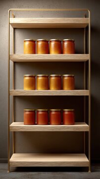 Collection of jars neatly arranged on shelf view of shelf holding multiple glass jars various contents kitchen or pantry setting