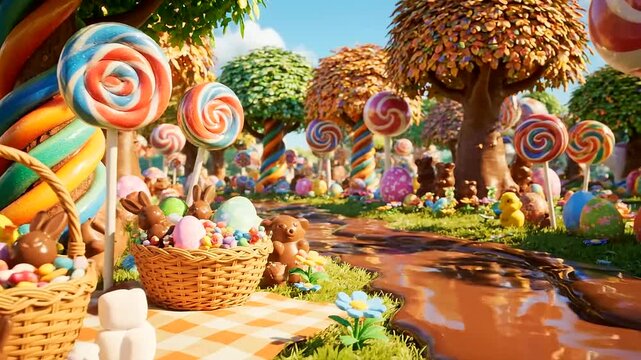 A vibrant Easter Day candy land fantasy with baskets overflowing with chocolate bunnies, colorful eggs, giant lollipops, and candy trees beside a sweet chocolate river.