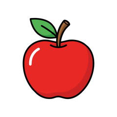Fototapeta premium A simple cartoon drawing of a bright red apple with a green leaf and brown stem.