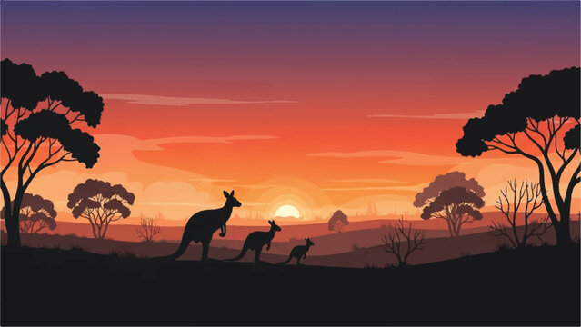 Kangaroo family silhouette against vibrant Australian outback sunset landscape viewed from a distant hill