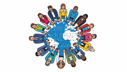 Global Collaboration, Diverse Professionals, Meeting, Illustration, Vibrant Environment, Top-Down View, Community Engagement