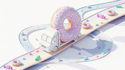 Sweet Delivery Truck Transporting Giant Donut on Candy Road