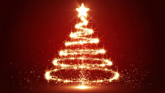 Glowing Christmas tree decoration with sparkling lights and star on red background