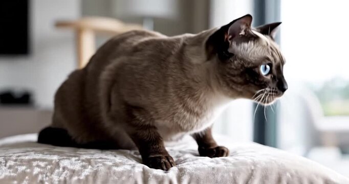 A playful Siamese cat curiously exploring a soft cushion in a modern living room setting