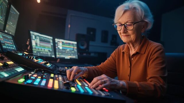 A senior female sound engineer adjust fader and monitors on a mixing console in a professional studio, multi-screen setup. Warm working lighting concept for sound production and studio workflow