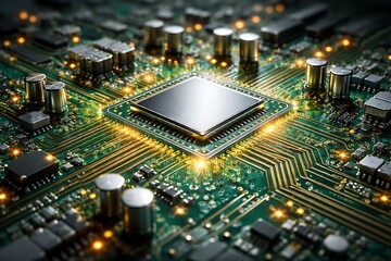 Obraz premium Central processing unit on a circuit board with glowing electronic connections